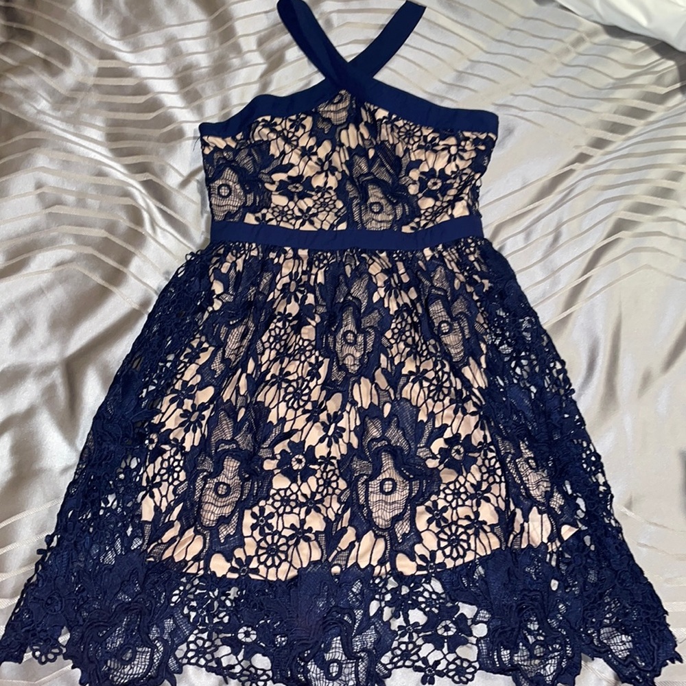 NWT Francesca’s navy blue lace cocktail, party, wedding guest dress